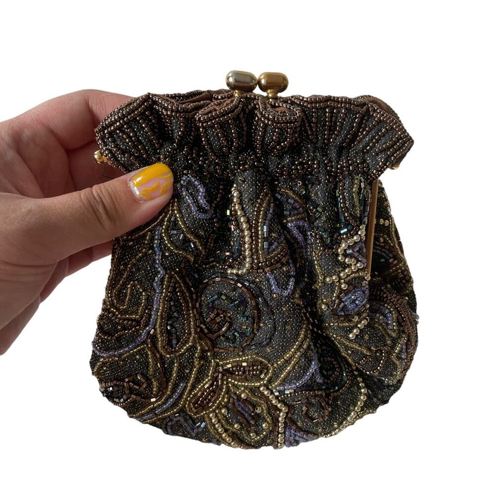 Vintage 1980s Beaded Evening Bag Kisslock Chain Strap Brown Purple Gold EUC - Picture 7 of 12